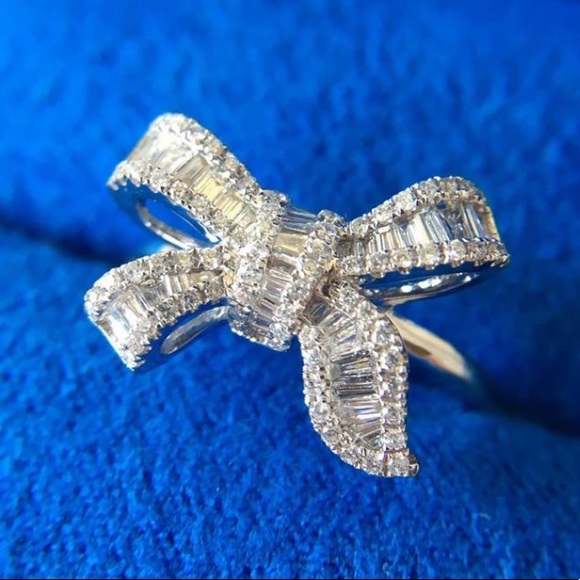 NEW 925 Sterling Silver Diamond Baguette Bow Ring - Picture 4 of 9